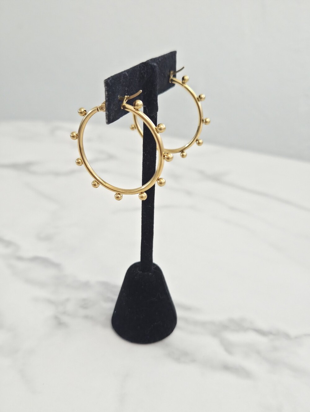 Gold Beaded Hoop Earrings Stainless Steel Studded Ball Hoops Womens Jewelry - Picture 6 of 9